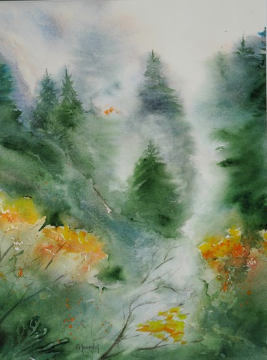 Painting titled "Forêt dans la brume" by Genevieve Jeandot, Original Artwork, Watercolor