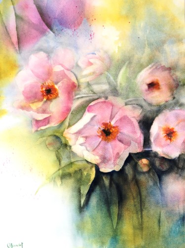 Pintura intitulada "Pivoines roses 1" por Genevieve Jeandot, Obras de arte originais, Aquarela