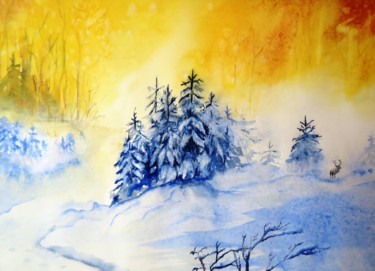 Pintura intitulada "Sapins sous la neige" por Genevieve Jeandot, Obras de arte originais, Aquarela