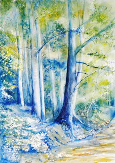 Malarstwo zatytułowany „Forêt bleue” autorstwa Genevieve Jeandot, Oryginalna praca, Akwarela