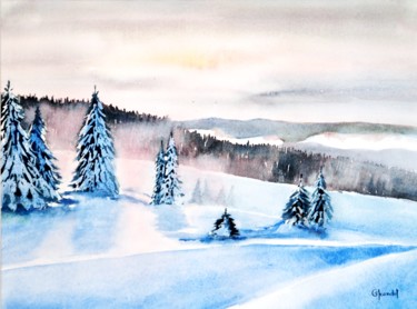 Pintura intitulada "Paysage de neige…" por Genevieve Jeandot, Obras de arte originais, Aquarela