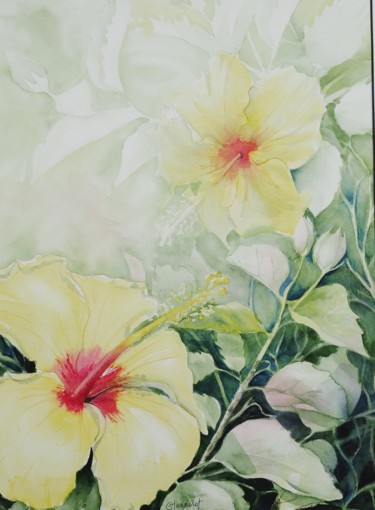 Pintura intitulada "Hibiscus jaune" por Genevieve Jeandot, Obras de arte originais, Aquarela