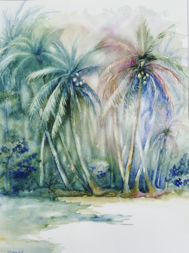 Painting titled "Cocotiers  5" by Genevieve Jeandot, Original Artwork, Watercolor
