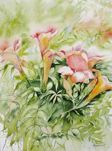 Painting titled "Bignonia" by Genevieve Jeandot, Original Artwork, Watercolor