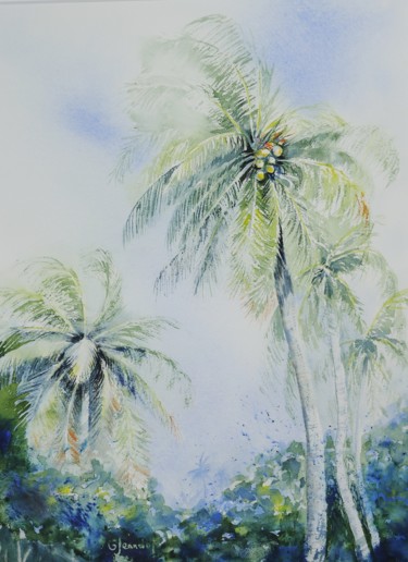 Painting titled "cocotiers 6" by Genevieve Jeandot, Original Artwork, Watercolor