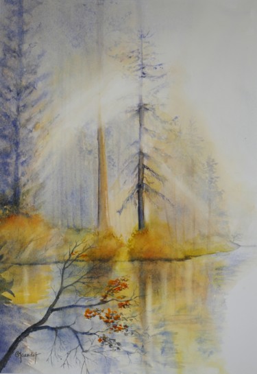 Painting titled "Reflets d'or" by Genevieve Jeandot, Original Artwork, Watercolor