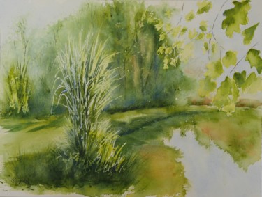 Pintura intitulada "Au bord de l'étang." por Genevieve Jeandot, Obras de arte originais, Aquarela