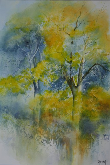 Pintura intitulada "Forêt profonde." por Genevieve Jeandot, Obras de arte originais, Aquarela