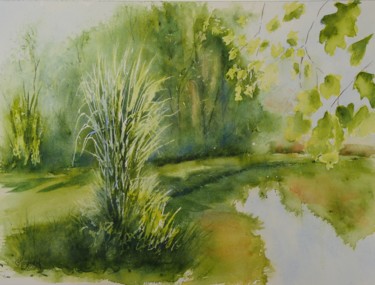 Pintura intitulada "Au bord de l'étang." por Genevieve Jeandot, Obras de arte originais, Aquarela