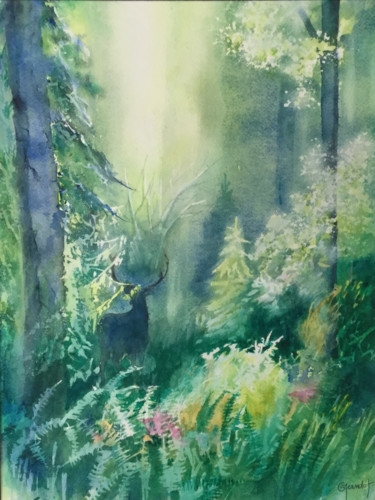 Malerei mit dem Titel "Cerf dans la forêt" von Genevieve Jeandot, Original-Kunstwerk, Aquarell Auf Karton montiert
