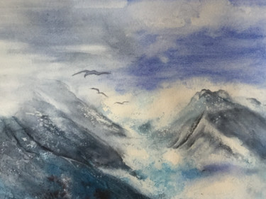 Ζωγραφική με τίτλο "Le fjord  dans la t…" από Genevieve Jeandot, Αυθεντικά έργα τέχνης, Ακουαρέλα Τοποθετήθηκε στο artwork_c…
