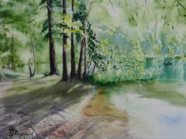 Pintura intitulada "Au bord du lac de B…" por Genevieve Jeandot, Obras de arte originais, Aquarela Montado em Cartão