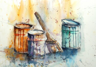 Peinture intitulée "80 pots de peinture…" par Geneviève Lagarde, Œuvre d'art originale, Aquarelle