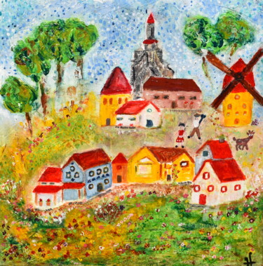 Pintura intitulada "Le moulin - l'été" por Geneviève Lamya Pous, Obras de arte originais, Óleo Montado em Armação em madeira