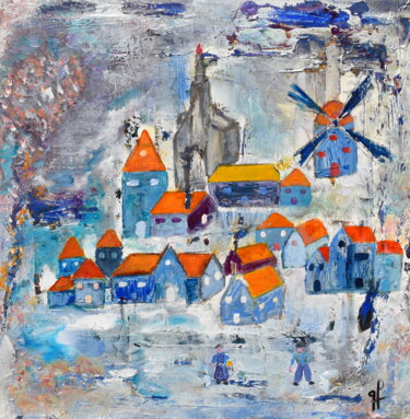 Painting titled "Le moulin - l'hiver" by Geneviève Lamya Pous, Original Artwork, Oil Mounted on Wood Stretcher frame
