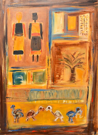 Painting titled "Là-bas" by Geneviève Lamya Pous, Original Artwork, Oil Mounted on Wood Stretcher frame