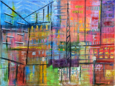 Painting titled "VICTORIA STREET" by Geneviève Lamya Pous, Original Artwork, Oil Mounted on Wood Stretcher frame