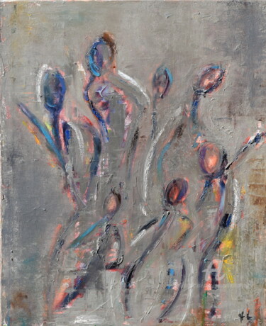 Painting titled "SILHOUETTES" by Geneviève Lamya Pous, Original Artwork, Oil Mounted on Wood Stretcher frame