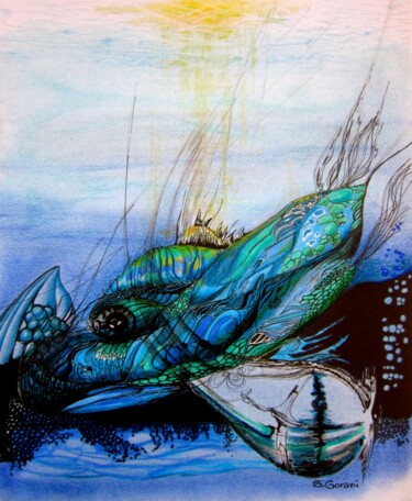 Рисунок под названием "Blue Whale" - Geni Gorani, Подлинное произведение искусства, Чернила