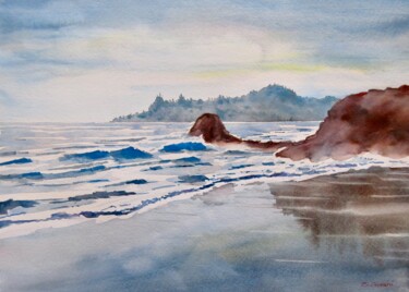 Pintura intitulada "Rocky Beach" por Geni Gorani, Obras de arte originais, Aquarela