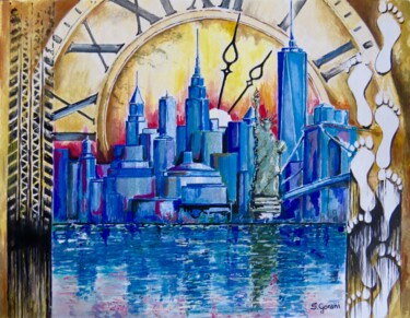 Pintura intitulada "Rush Hour In New Yo…" por Geni Gorani, Obras de arte originais, Aquarela