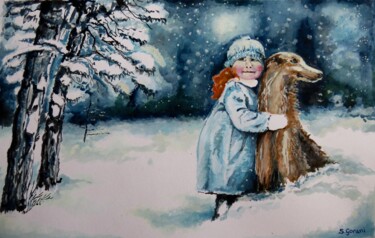 Ζωγραφική με τίτλο "Fun In The Snow" από Geni Gorani, Αυθεντικά έργα τέχνης, Ακουαρέλα