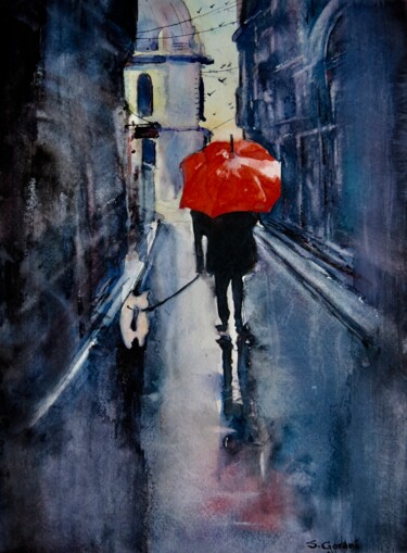 Pintura titulada "Walking In The Rain" por Geni Gorani, Obra de arte original, Acuarela