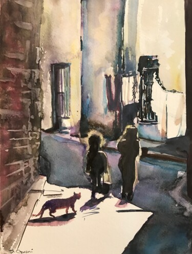 Schilderij getiteld "Old Town" door Geni Gorani, Origineel Kunstwerk, Aquarel