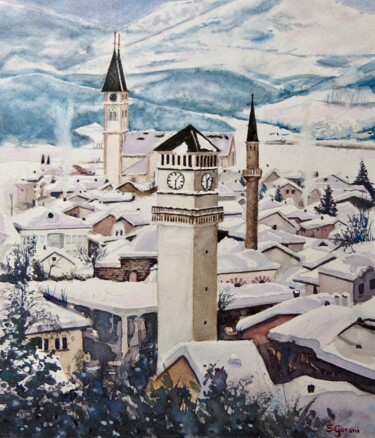 Painting titled "Winter In Gjakova" by Geni Gorani, Original Artwork, Watercolor