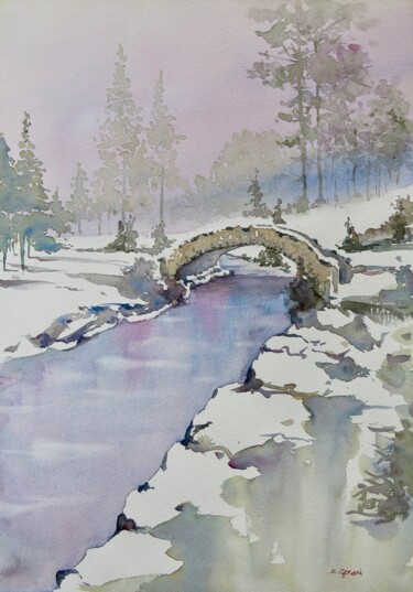 Peinture intitulée "First Snow" par Geni Gorani, Œuvre d'art originale, Aquarelle