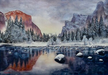 Malerei mit dem Titel "Yosemite Valley" von Geni Gorani, Original-Kunstwerk, Aquarell