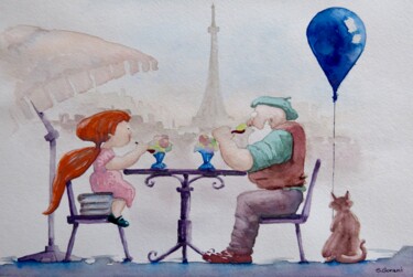 Painting titled "I Love Paris Grandpa" by Geni Gorani, Original Artwork, Watercolor