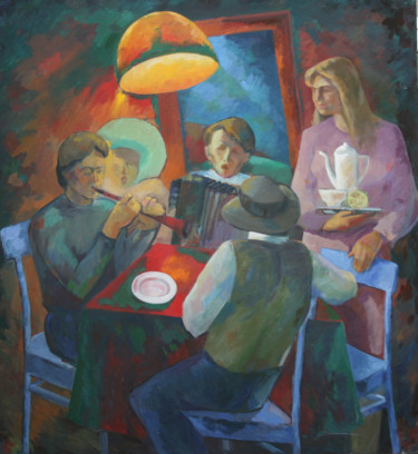 Painting titled "Интеръер с желтой л…" by Gennadi Kurlenkov, Original Artwork, Oil Mounted on Wood Stretcher frame