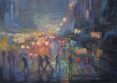 Painting titled "Rain in the city" by Gennadi Kurlenkov, Original Artwork, Oil