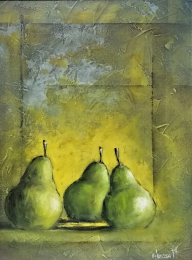 Painting titled "Art painting, pears…" by Gennadii Misan, Original Artwork, Oil Mounted on Wood Stretcher frame
