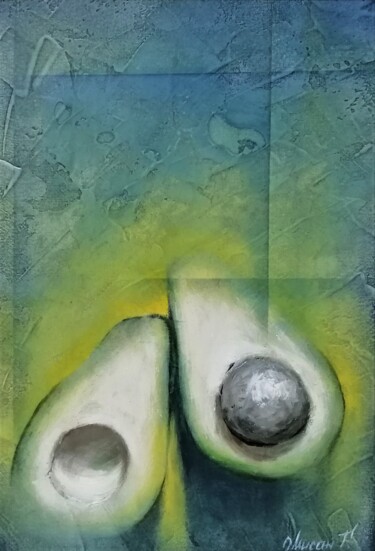 Painting titled "Avocado on the tabl…" by Gennadii Misan, Original Artwork, Oil Mounted on Wood Stretcher frame