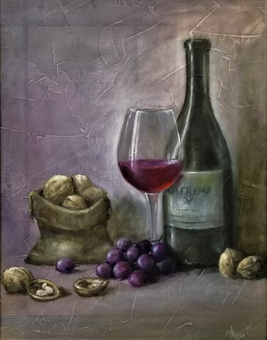 Painting titled "Still life with gra…" by Gennadii Misan, Original Artwork, Oil Mounted on Wood Stretcher frame