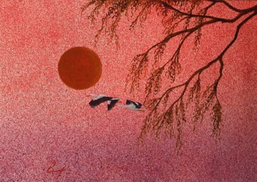 Painting titled "Cranes" by Gennady Gurev, Original Artwork, Oil