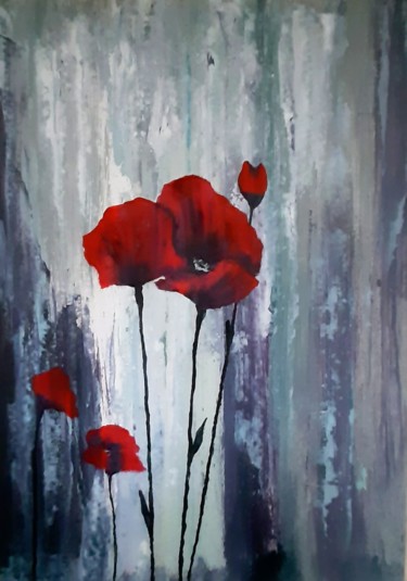 Картина под названием "Poppies on gray" - Gennady Gurev, Подлинное произведение искусства, Масло