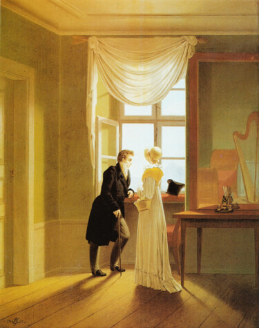 Картина под названием "Couple à la fenêtre" - Georg Friedrich Kersting, Подлинное произведение искусства, Масло