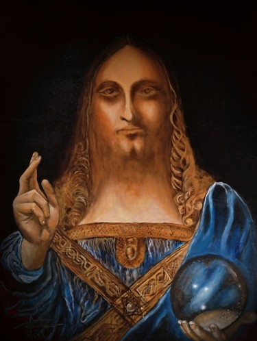 Schilderij getiteld "Salvator Mundi" door George Balmus, Origineel Kunstwerk, Acryl Gemonteerd op Houten paneel