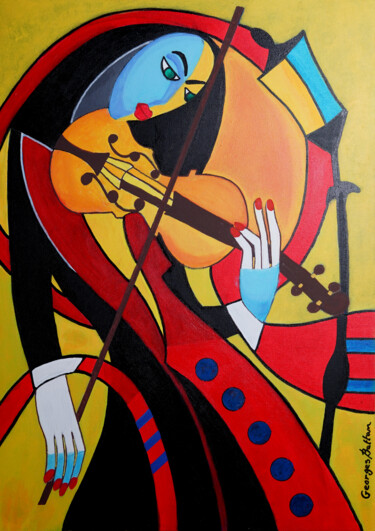 Painting titled "LA VIOLONIST" by Georges Bettan, Original Artwork, Acrylic Mounted on Wood Stretcher frame
