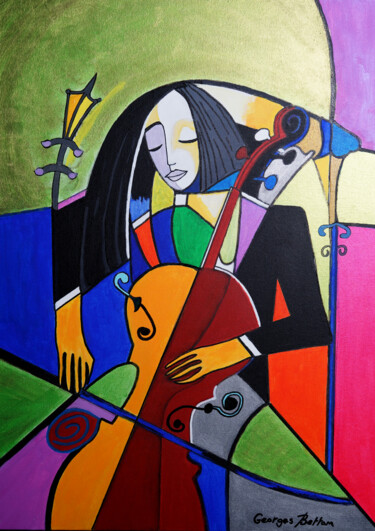 Painting titled "THE VIOLONIST" by Georges Bettan, Original Artwork, Acrylic Mounted on Wood Stretcher frame