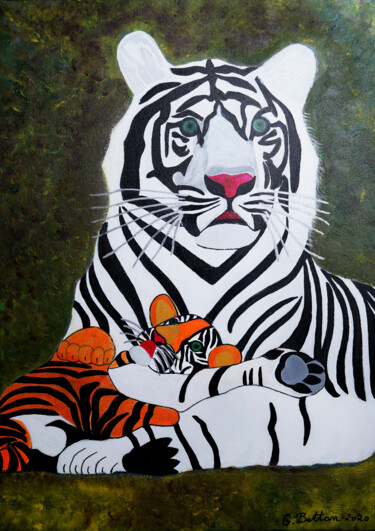 Peinture intitulée "White Tigress with…" par Georges Bettan, Œuvre d'art originale, Acrylique Monté sur Châssis en bois