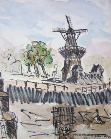 Schilderij getiteld "Moulin à Amsterdam…" door Georges Briot, Origineel Kunstwerk, Olie