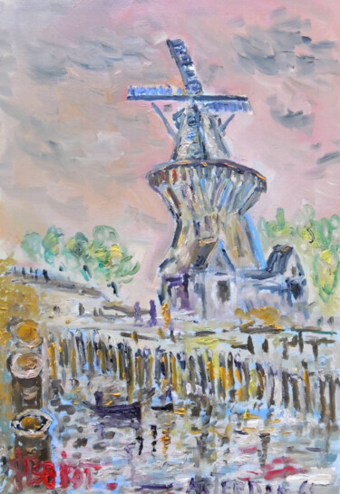Peinture intitulée "Amsterdam Le moulin…" par Georges Briot, Œuvre d'art originale, Huile