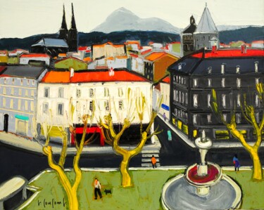 Painting titled "Place Delille" by Georges Coulomb, Original Artwork, Oil Mounted on Wood Stretcher frame