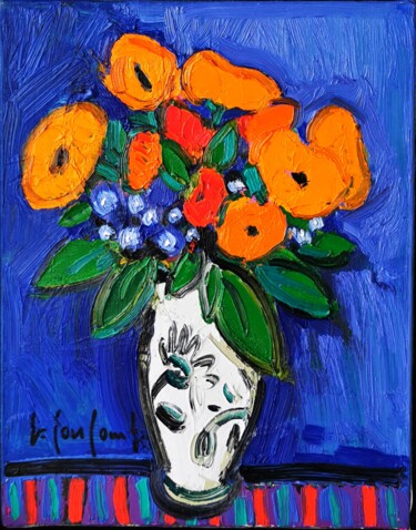 Peinture intitulée "Bouquet au vase bla…" par Georges Coulomb, Œuvre d'art originale, Huile Monté sur Châssis en bois