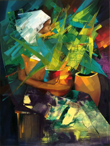 Peinture intitulée "femme a la…" par Georges M'Bourou, Œuvre d'art originale, Huile