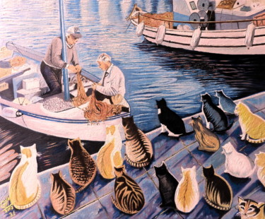 Schilderij getiteld "Retour de pêche" door Gym, Origineel Kunstwerk